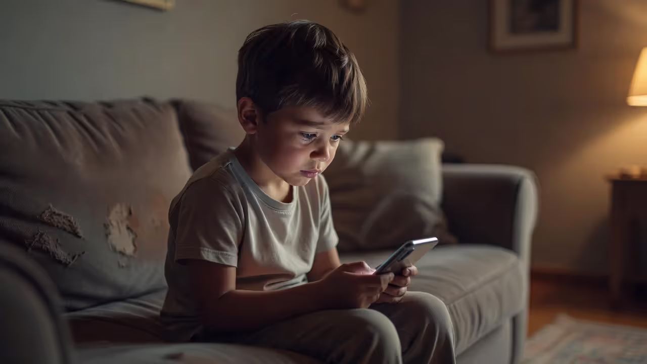 Child looking confused and sad while holding a phone during a custody situation