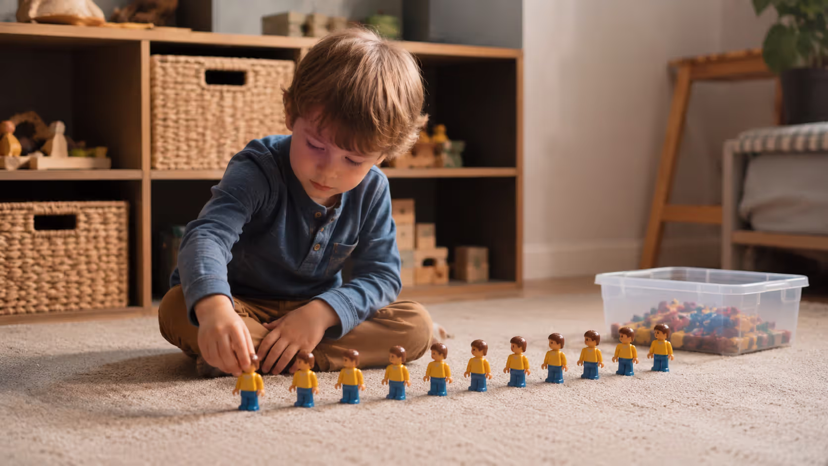Child playing alone with toy figures in a repetitive pattern