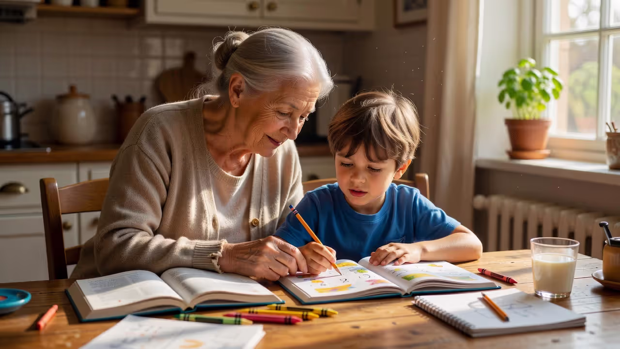 Grandmother helping grandchild with homework at home