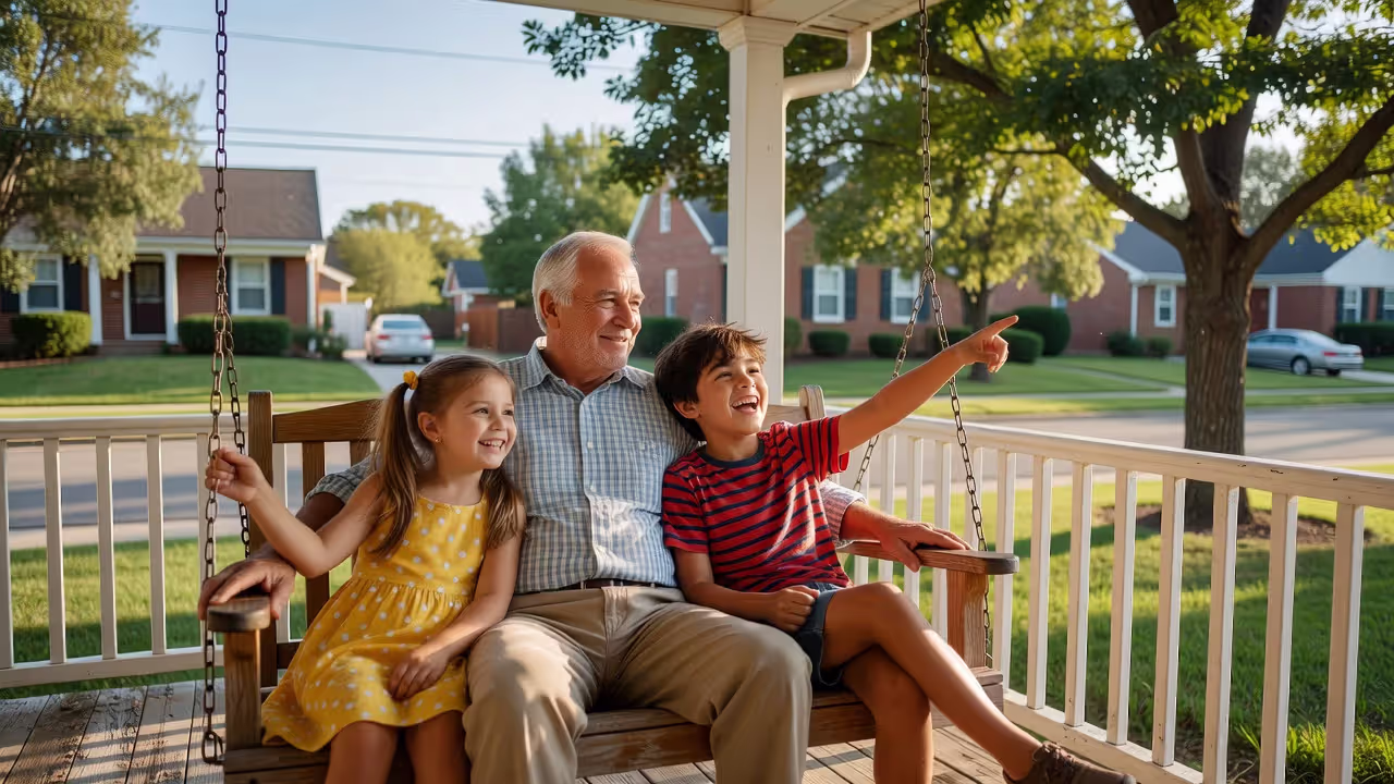 Grandfather spending time with grandchildren on porch