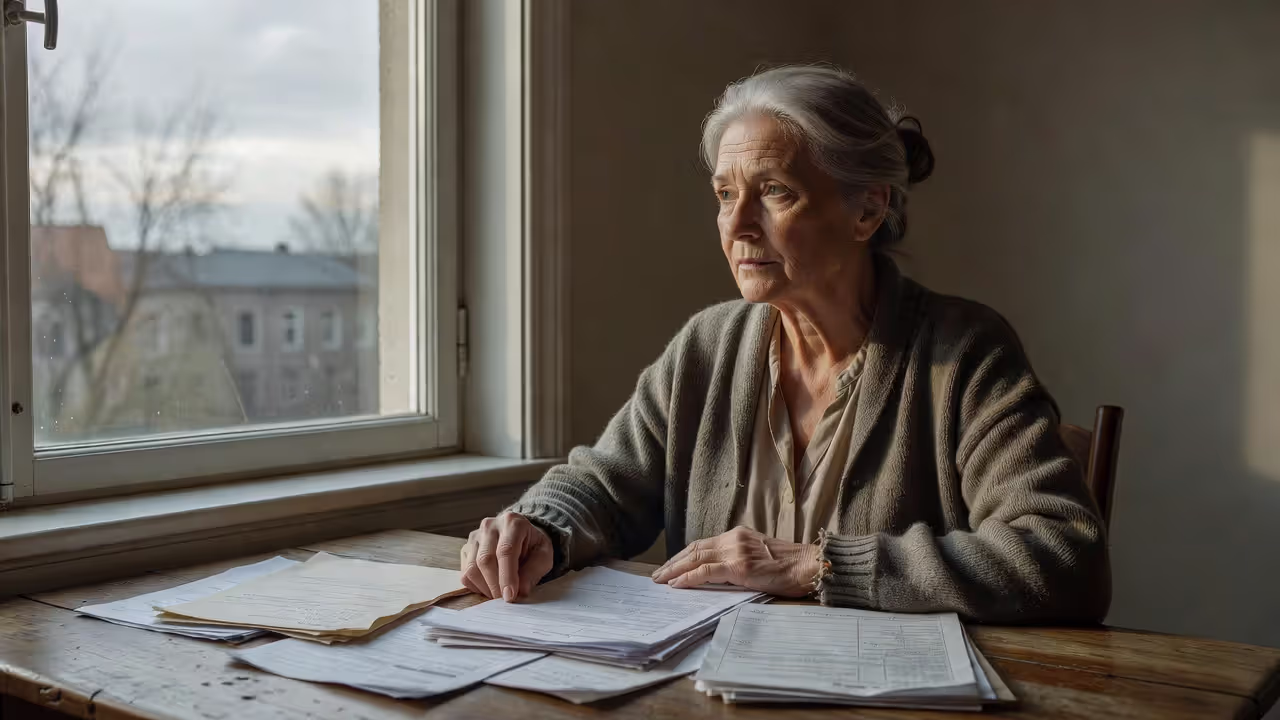 Grandmother reviewing paperwork at home, looking stressed