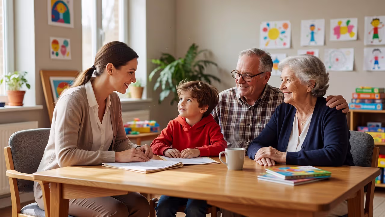 Social worker meeting with grandparent caregivers and grandchild