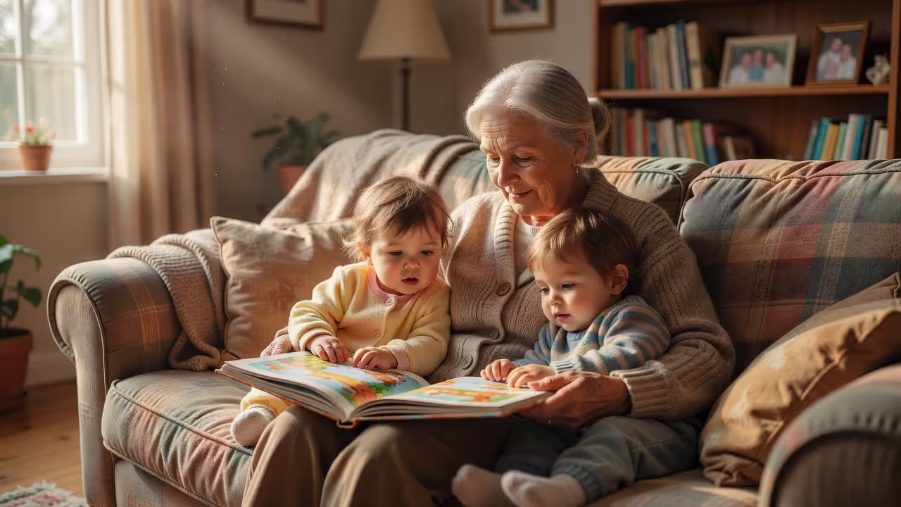 Grandmother providing informal childcare for grandchildren at home