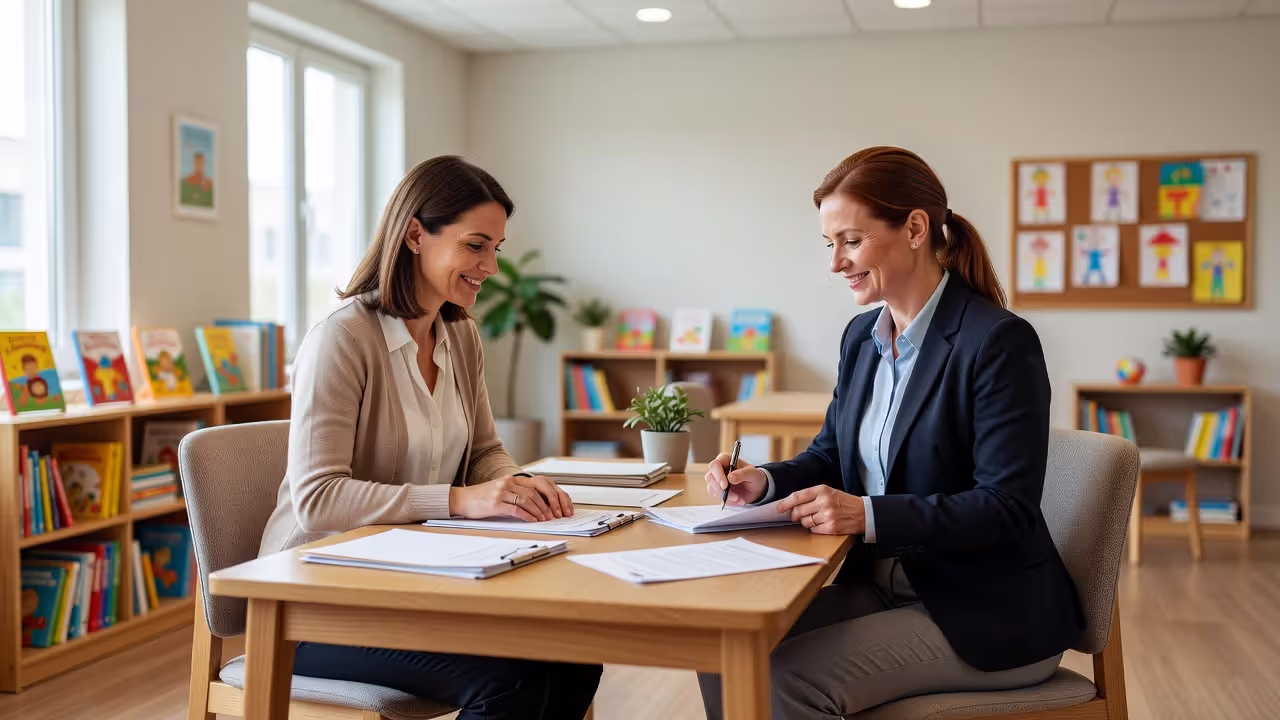 Parent reviewing childcare enrollment paperwork with a center administrator