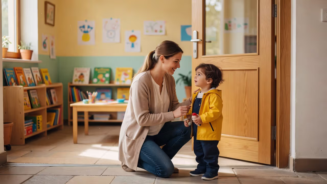 Parent dropping off a young child at a childcare center entrance