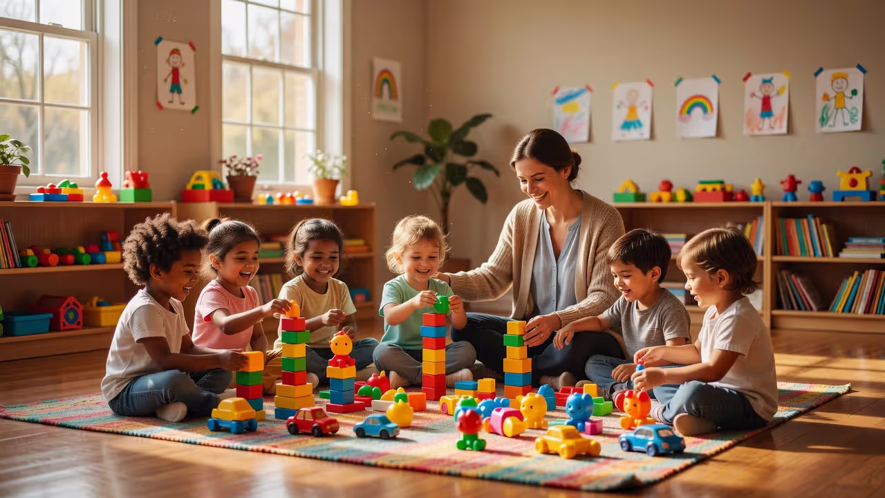 Children playing in a licensed daycare center classroom with a caregiver