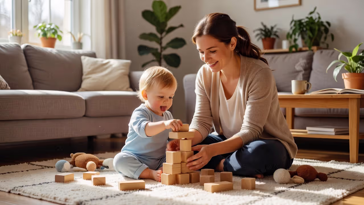 In-home nanny playing with a toddler in a family home