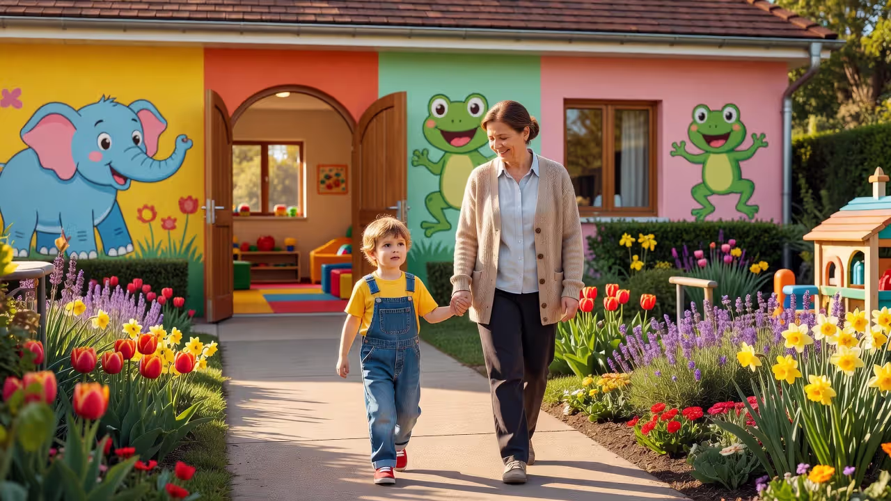 Parent dropping off child at a childcare center entrance