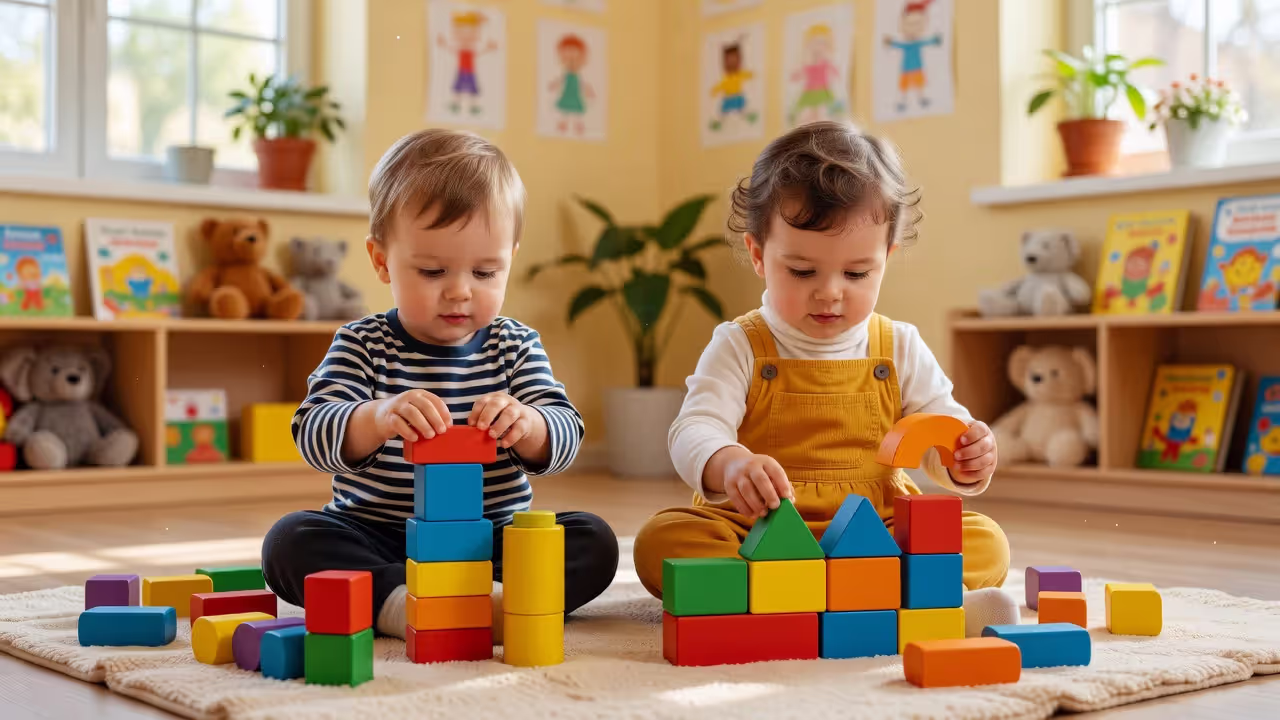Toddlers engaging in parallel play at daycare, showing social development around age 2-3