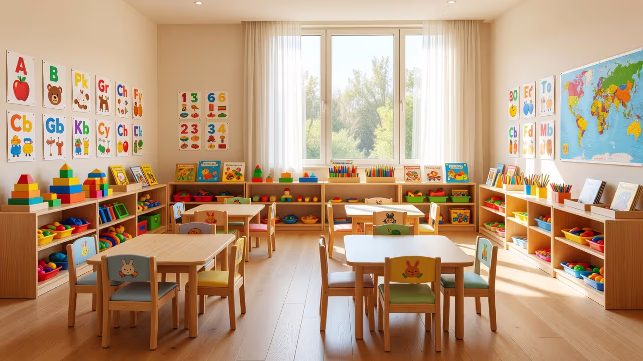 Well-organized daycare classroom environment showing age-appropriate learning setup