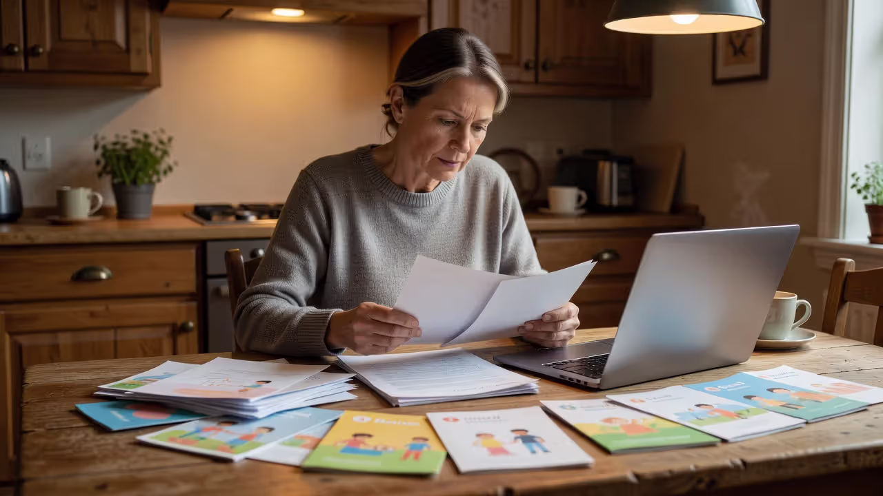 Working parent comparing childcare options and costs at home