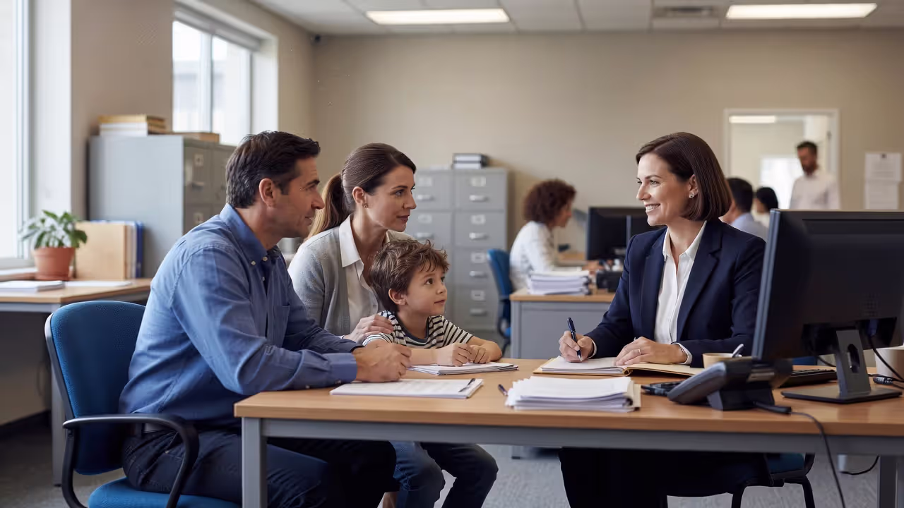 Family applying for childcare assistance at a government office