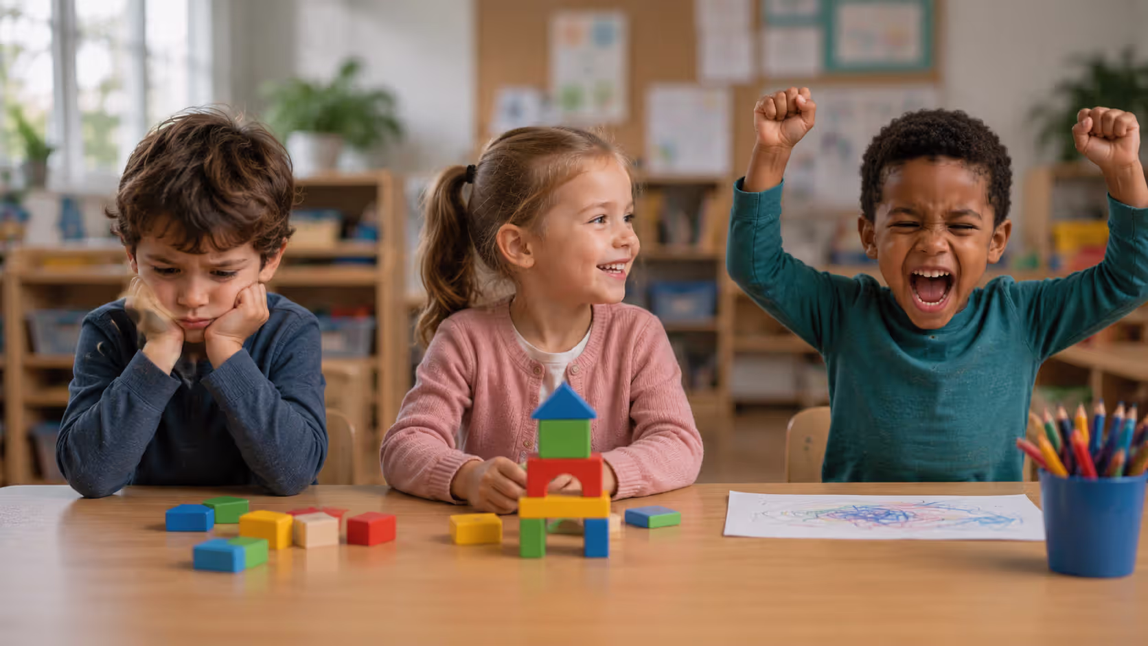 Three children showing different temperament responses in a classroom setting