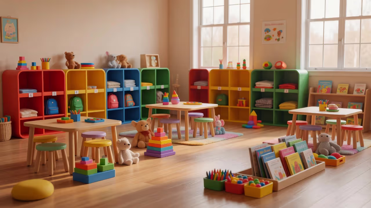Empty daycare classroom with colorful furniture and cubbies
