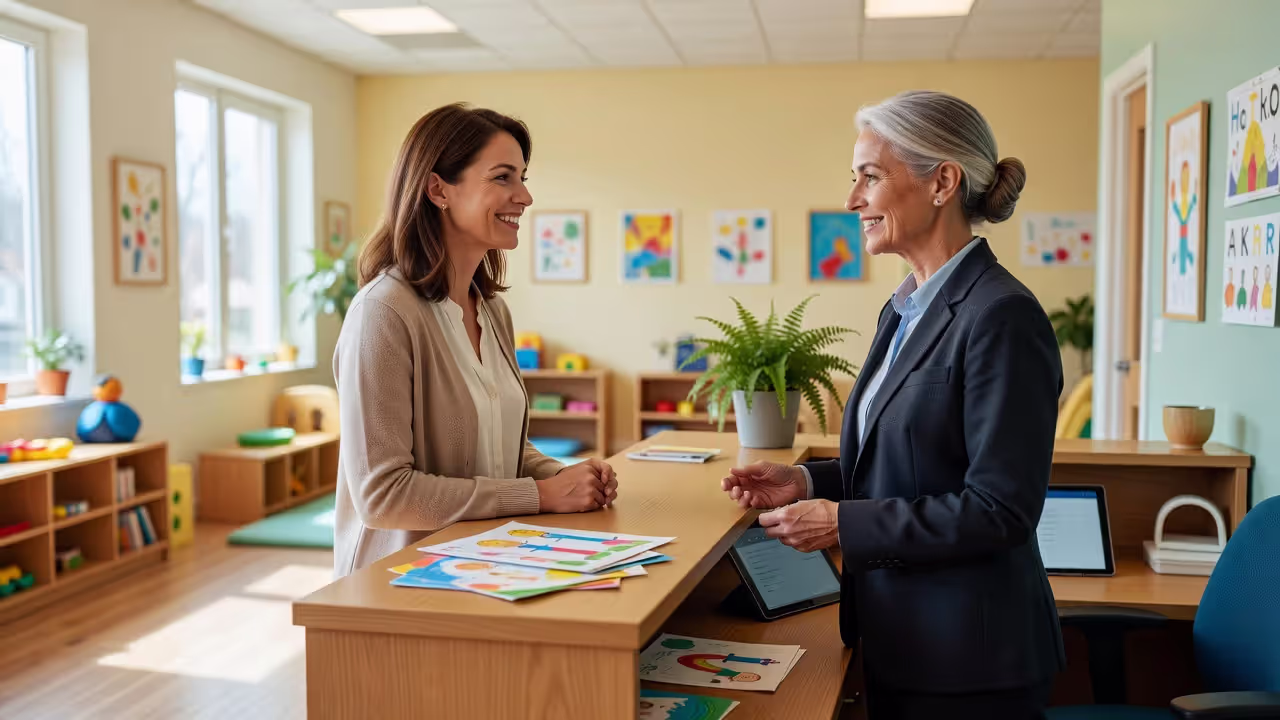 Parent talking to daycare director about enrollment options