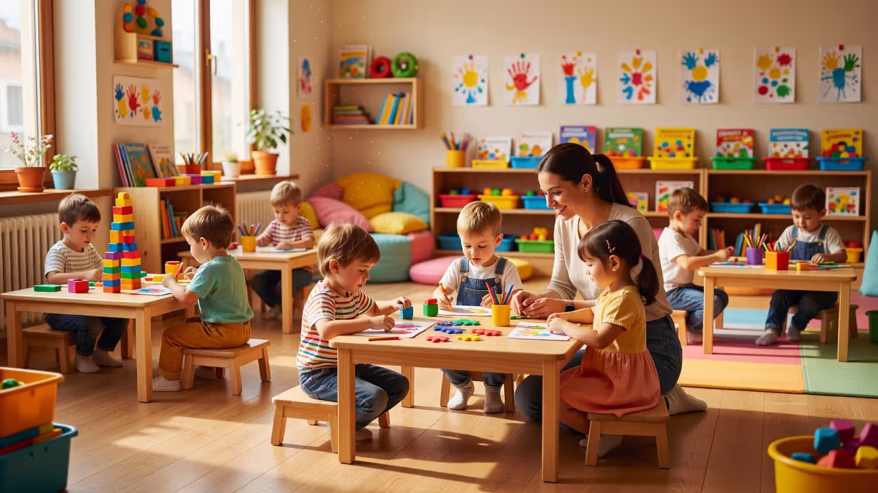 Safe and organized daycare classroom with children and caregiver