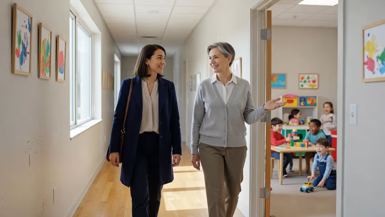 Parent touring a daycare facility with a staff member