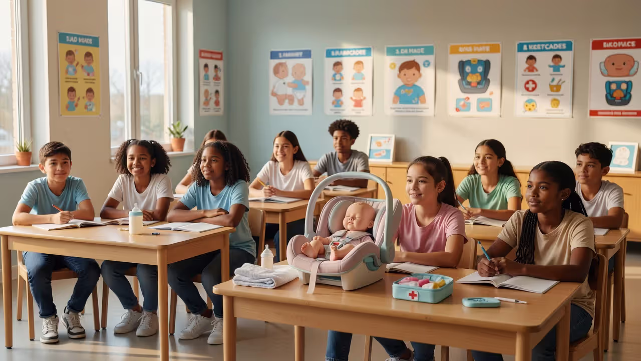Young teenagers attending a babysitting readiness class