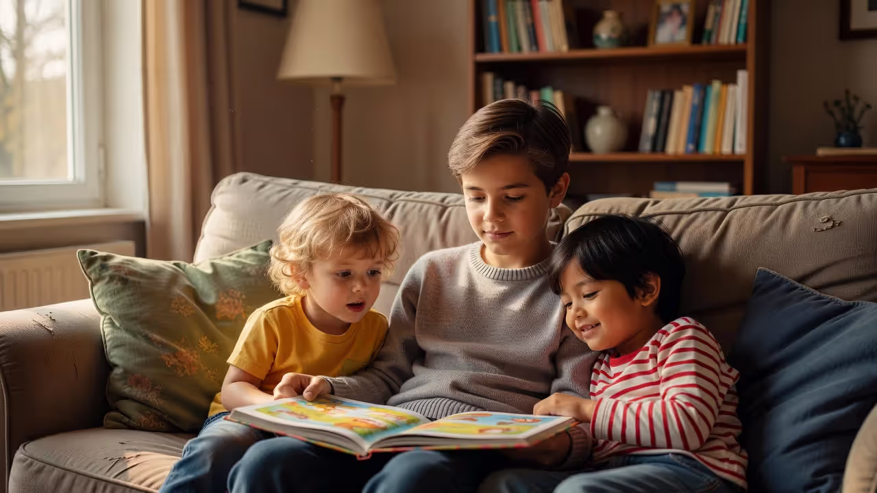 Teen babysitter reading to young children at home