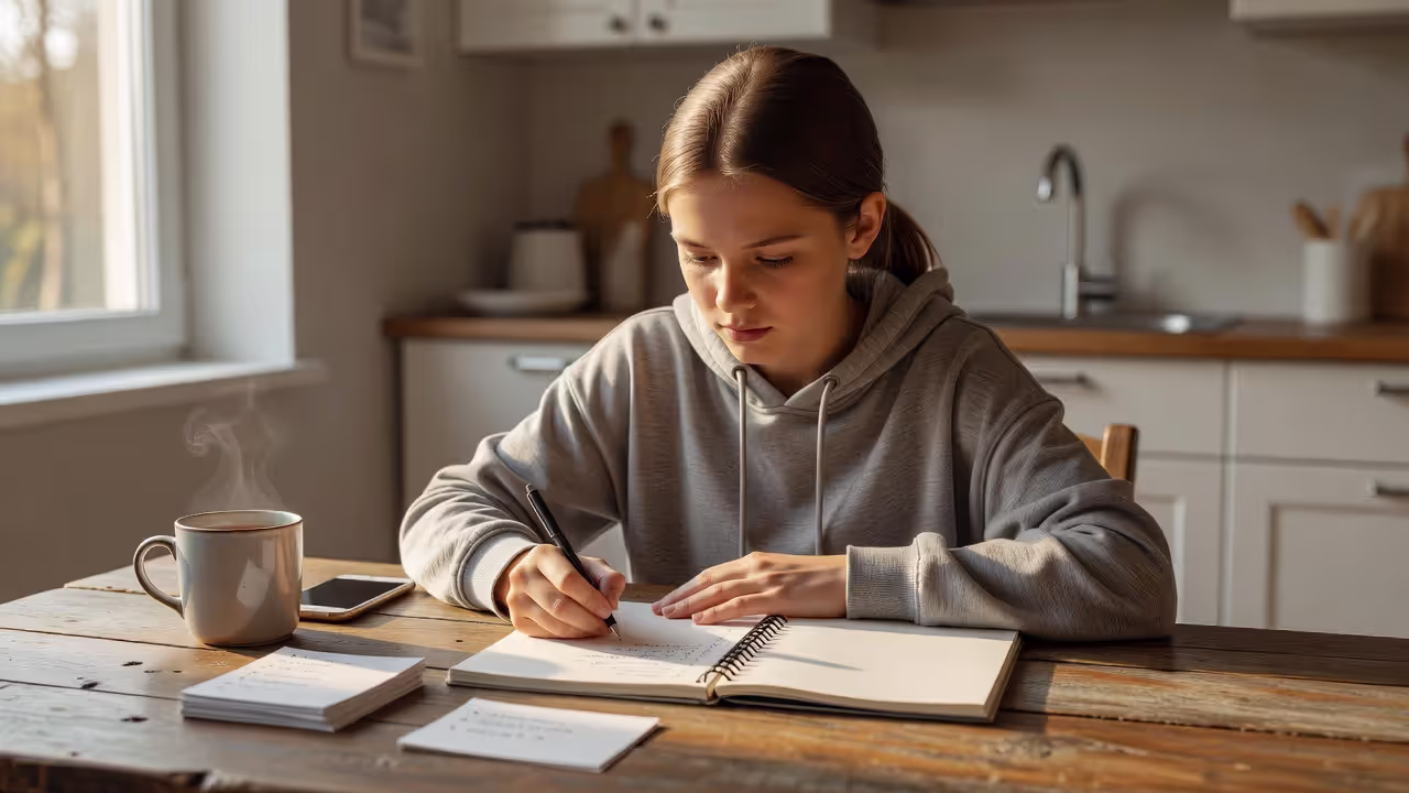 Teen babysitter preparing emergency contact list before starting a job
