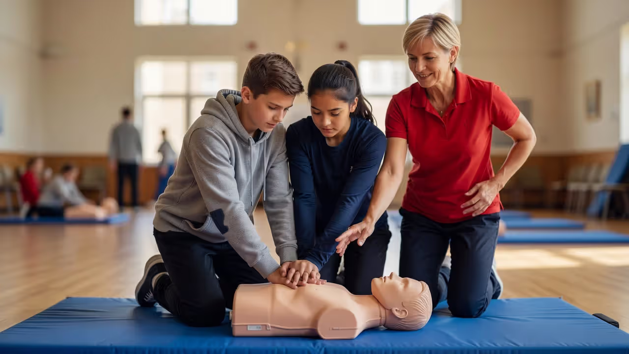 Teens learning CPR during a babysitting certification course