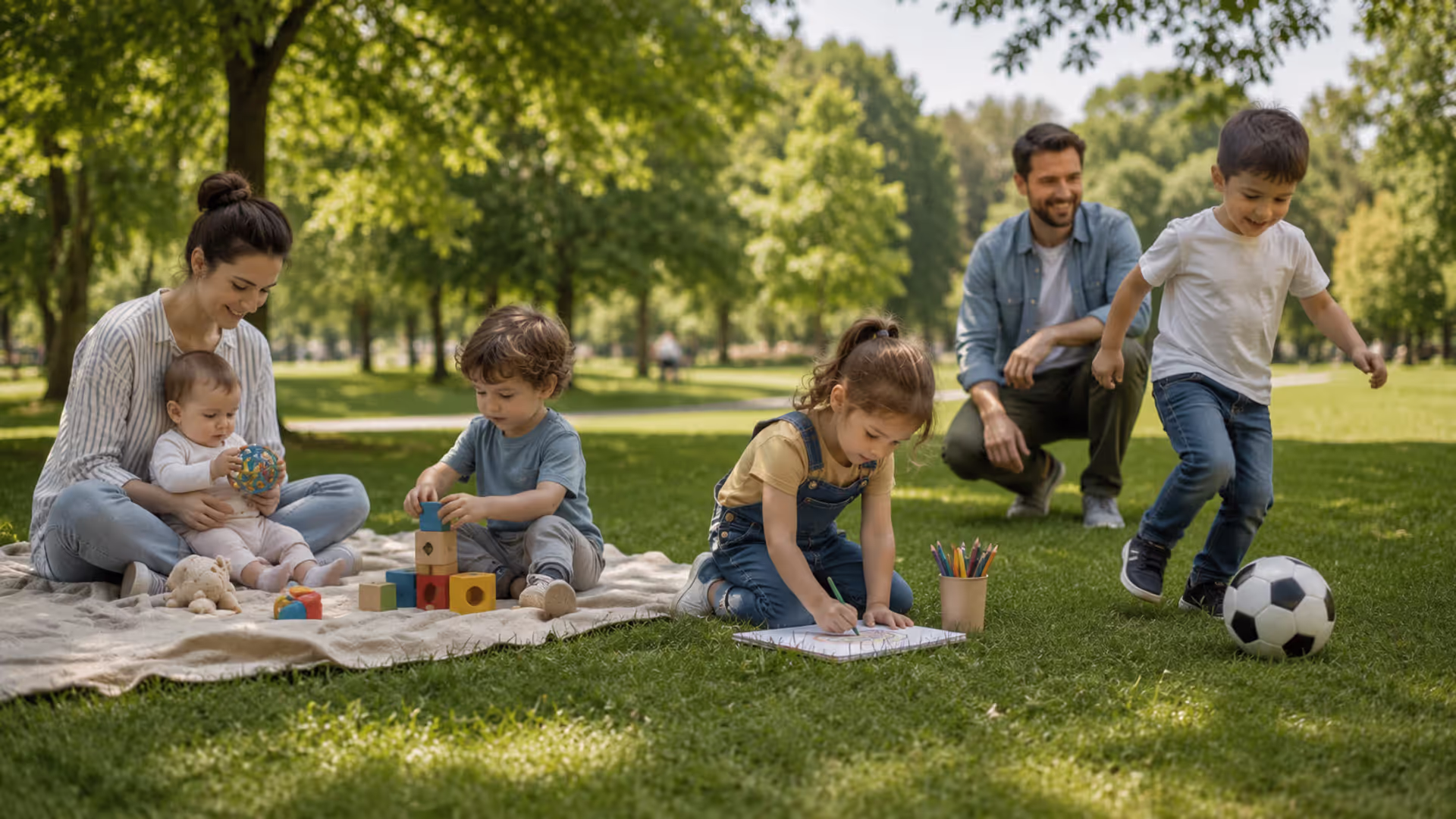 Children at different stages of childhood development with caregivers