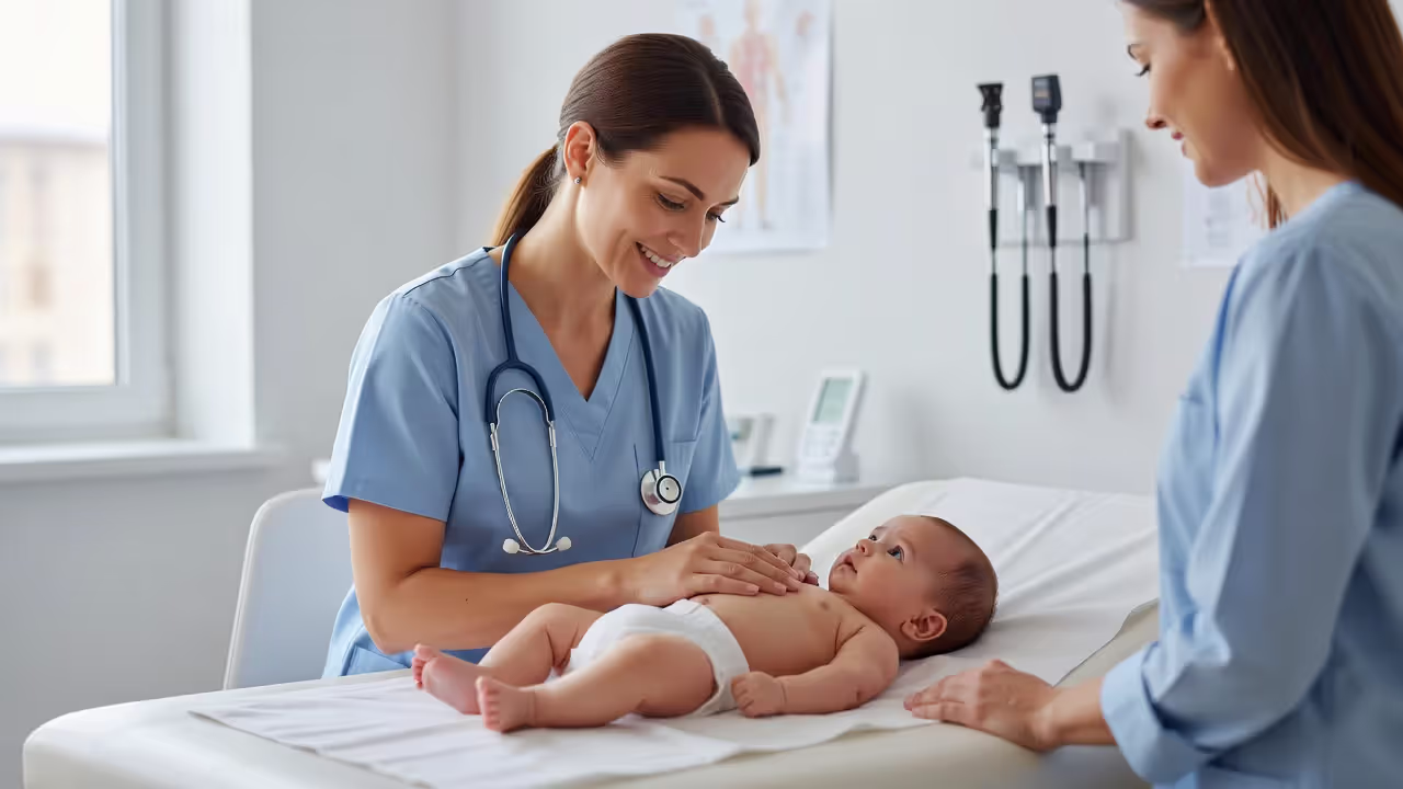 Pediatrician evaluating an infant for possible milk allergy symptoms