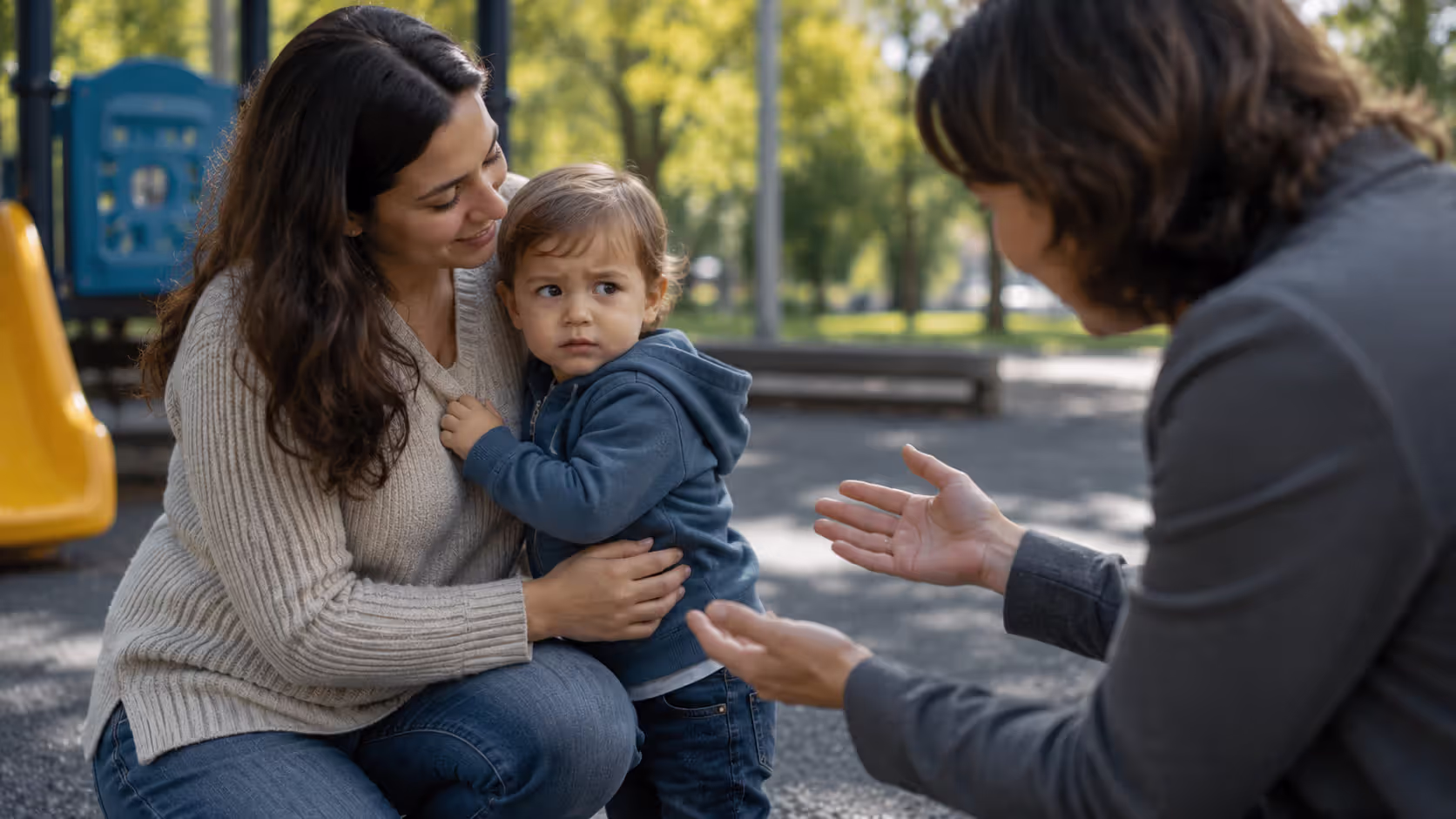 Toddler displaying stranger awareness by staying close to parent