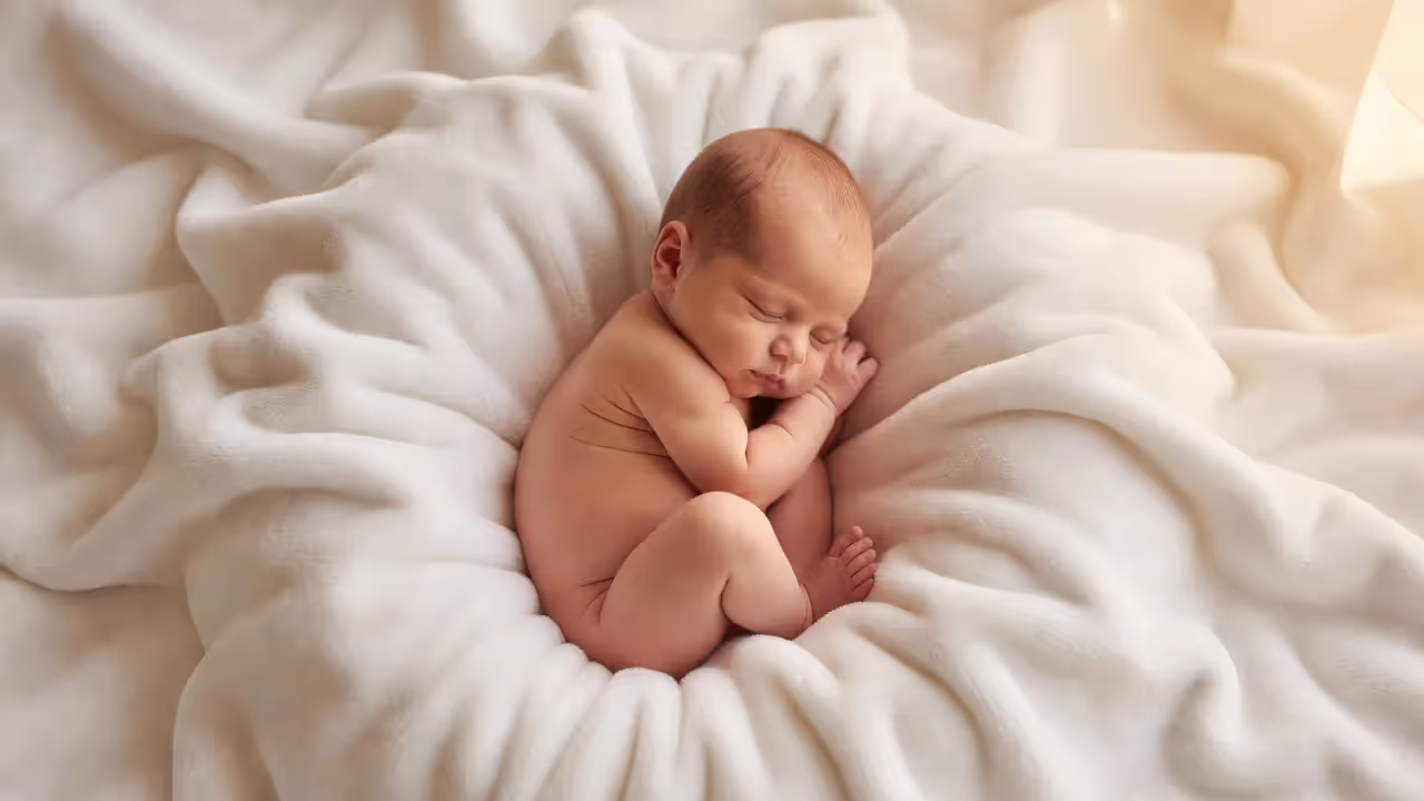 Newborn baby sleeping in fetal position during photography session