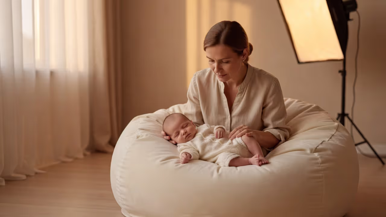 Newborn photographer posing a sleeping baby in a studio setting