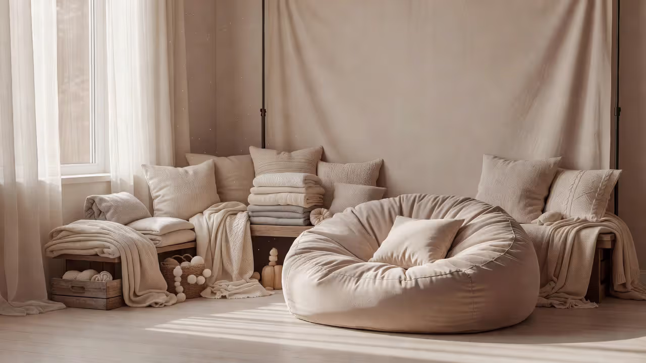 Professional newborn photography studio setup with props and natural lighting
