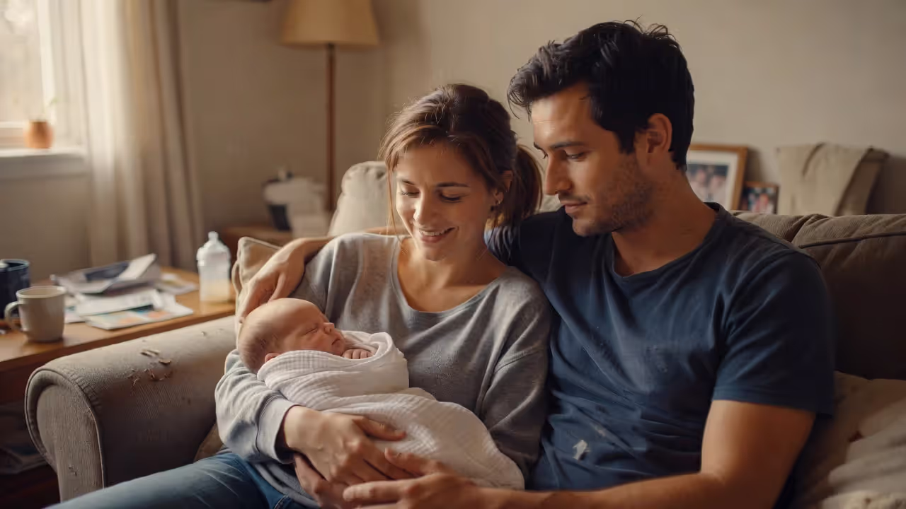 New parents holding newborn baby at home during the first weeks