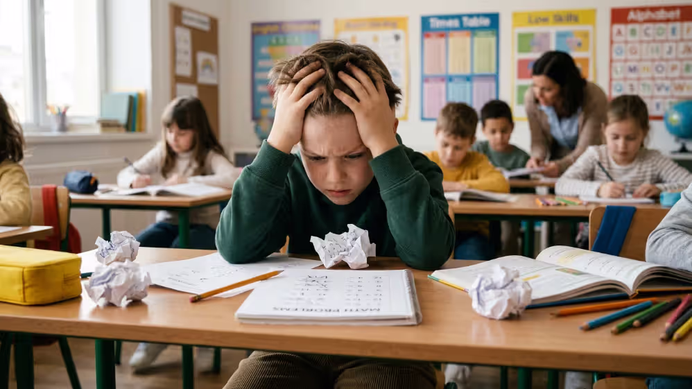 Child struggling with academic tasks due to low frustration tolerance