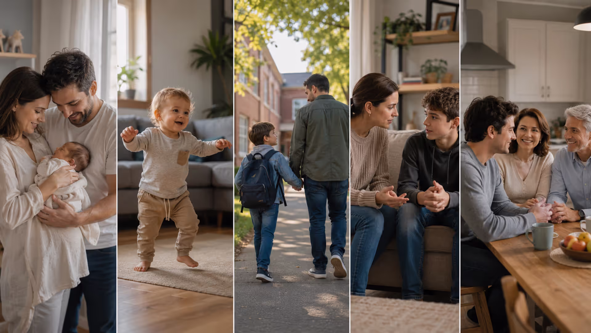 Family journey through different stages of parenting from infancy to adulthood