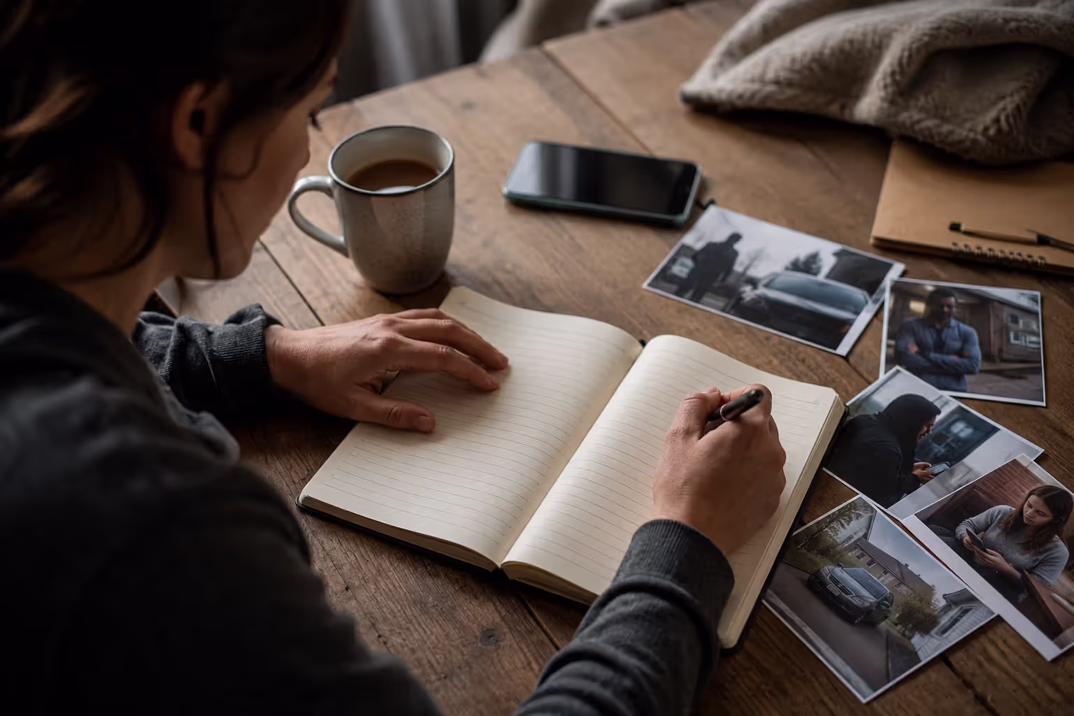 Person documenting co-parent harassment incidents in a journal