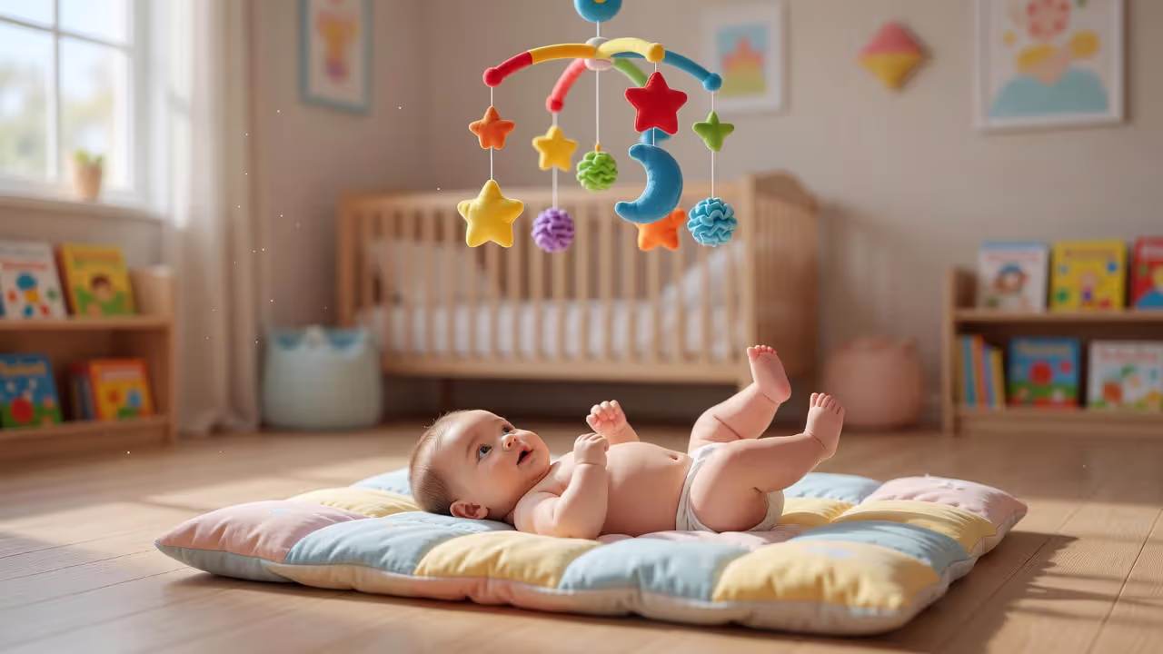 Infant engaging in unoccupied play on a colorful play mat