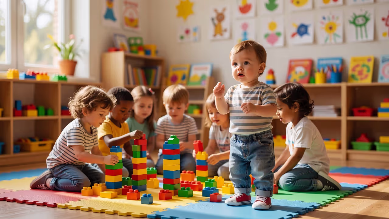 Toddler in onlooker play, watching other children build with blocks