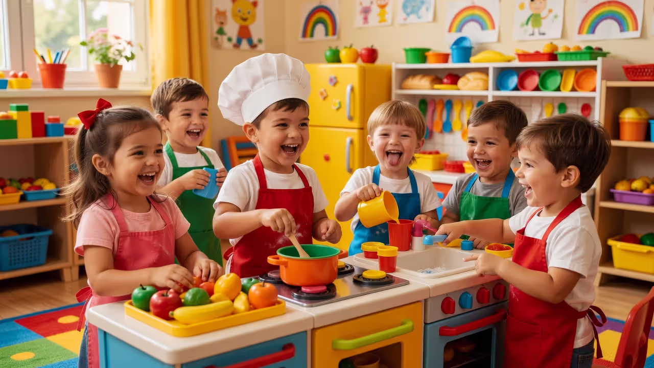 Children engaged in cooperative play in a preschool pretend kitchen