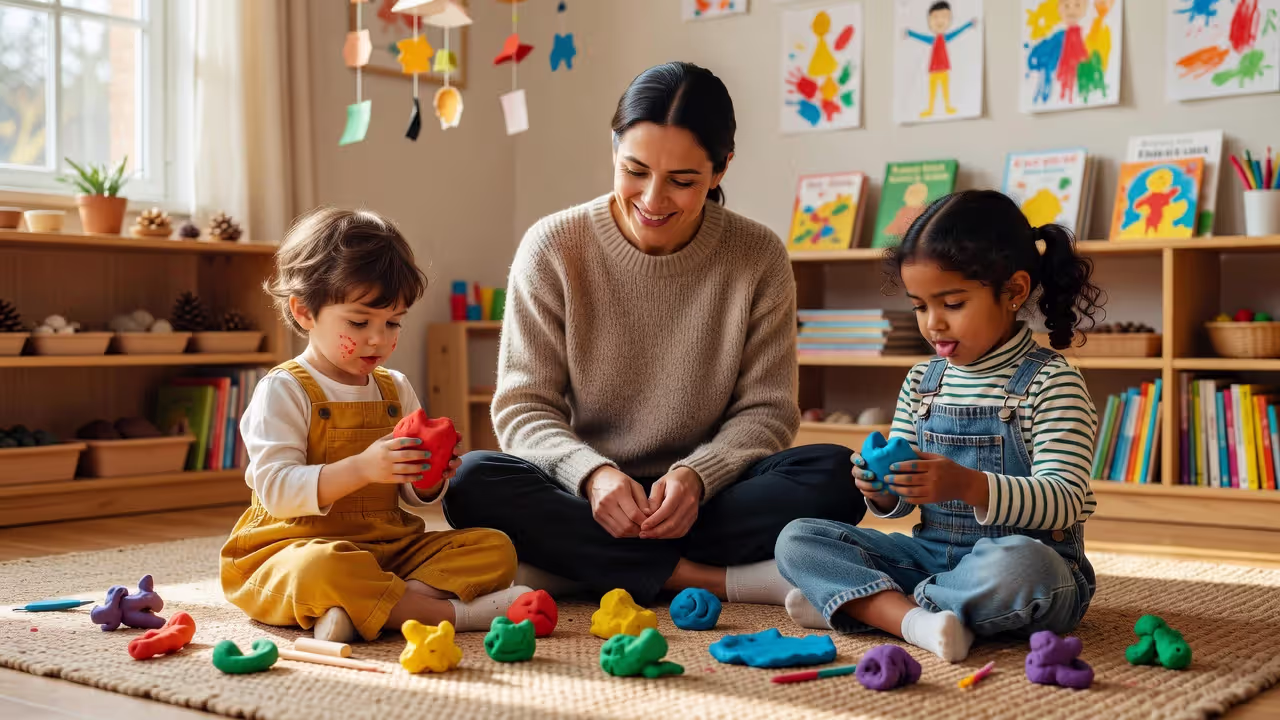 Educator supporting parallel play with children using colorful clay